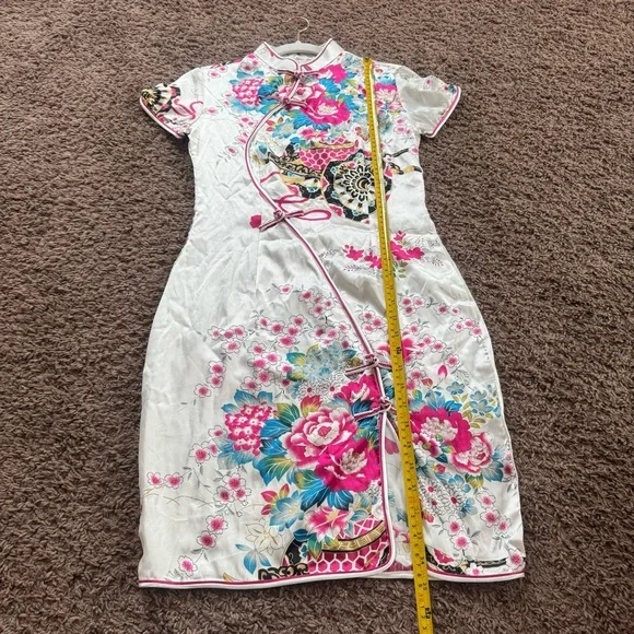 Asian Style TUNIC DRESS 100% Silk Fan Floral Pattern Made In Vietnam XS S M - Picture 5 of 11